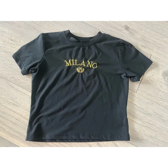 Milano Embroidered T Shirt Black with Gold Lettering Size Small - Picture 1 of 5